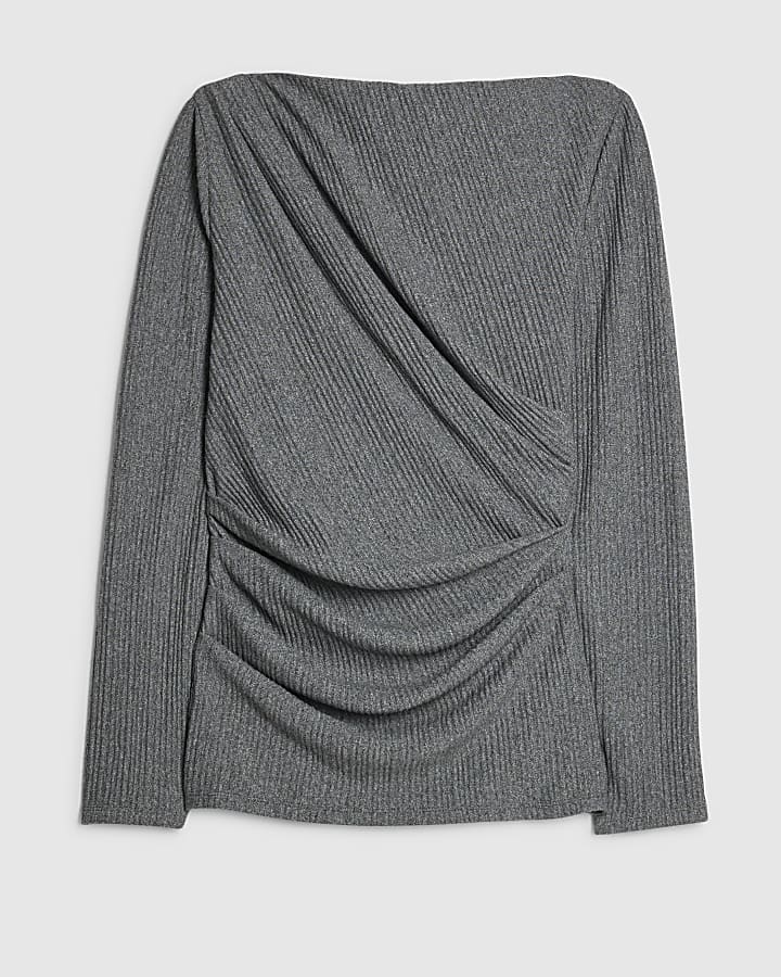 Grey Cosy Ribbed Long Sleeve Drape Top