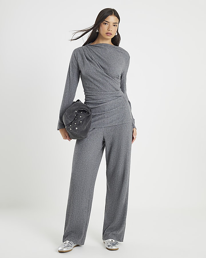 Grey Cosy Ribbed Long Sleeve Drape Top