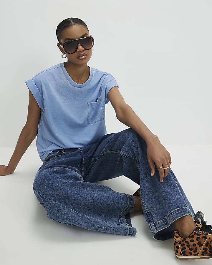 Blue Short Sleeve Burnout Pocket T-shirt