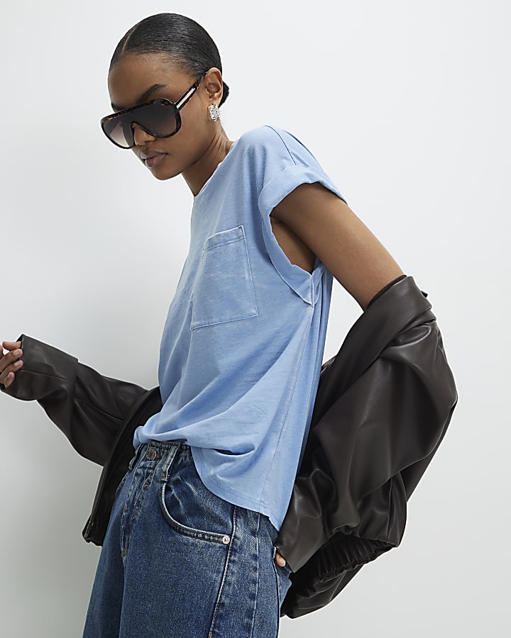 Blue Short Sleeve Burnout Pocket T-shirt