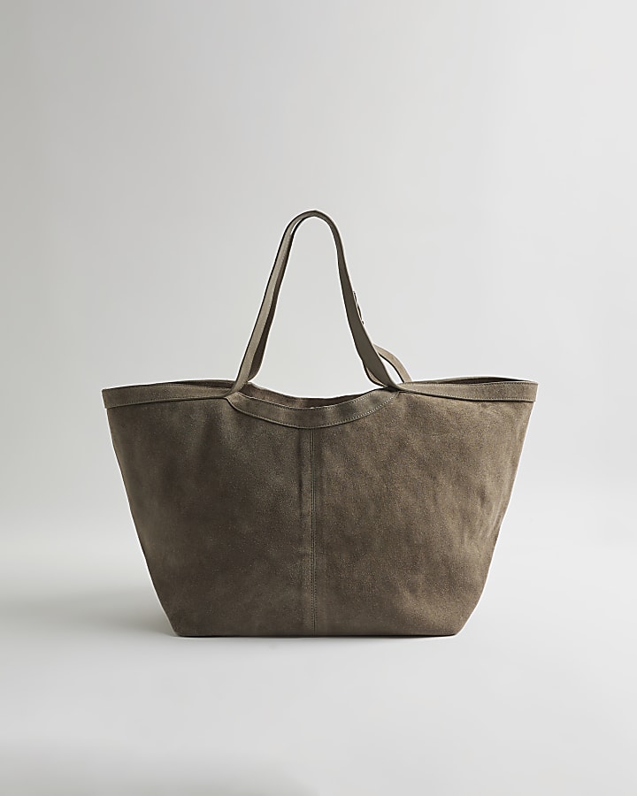 Grey Buckle Handle Suede Shopper Bag