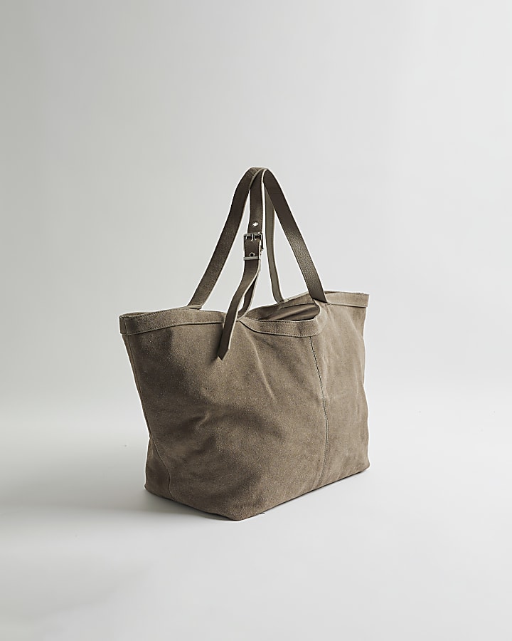 Grey Buckle Handle Suede Shopper Bag