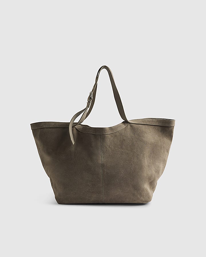 Grey Buckle Handle Suede Shopper Bag