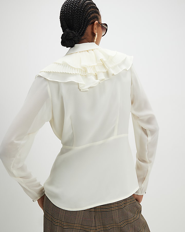 Cream Long Sleeve Wrap Ruffle Blouse