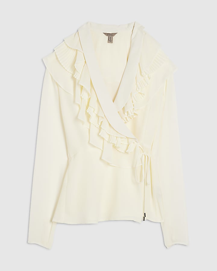 Cream Long Sleeve Wrap Ruffle Blouse