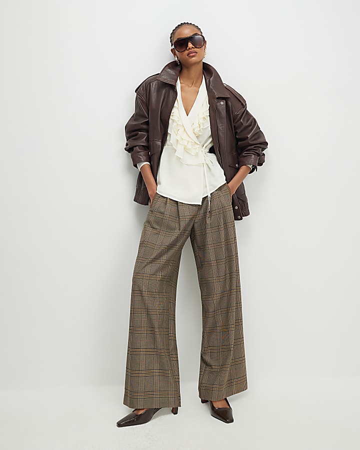 Cream Long Sleeve Wrap Ruffle Blouse