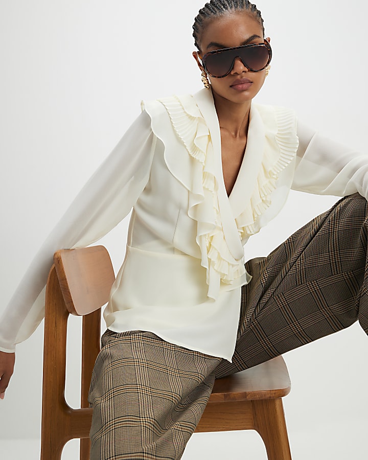 Cream Long Sleeve Wrap Ruffle Blouse