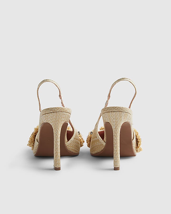 Beige Embellished Raffia Flower Court Heels