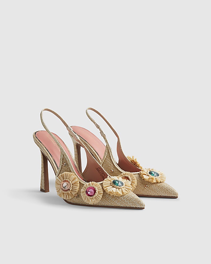 Beige Embellished Raffia Flower Court Heels