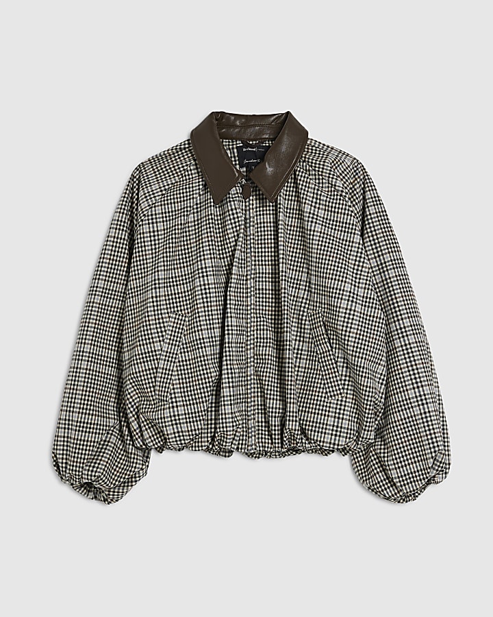 Brown Check Bubble Hem Bomber Jacket