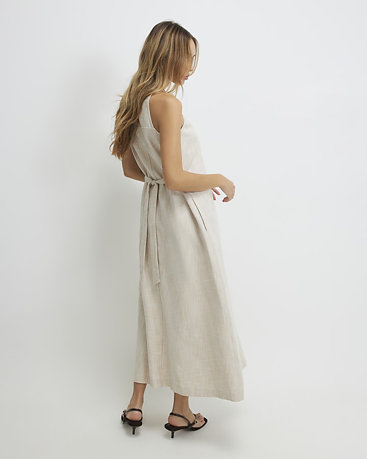 Beige Linen Look Midi Dress