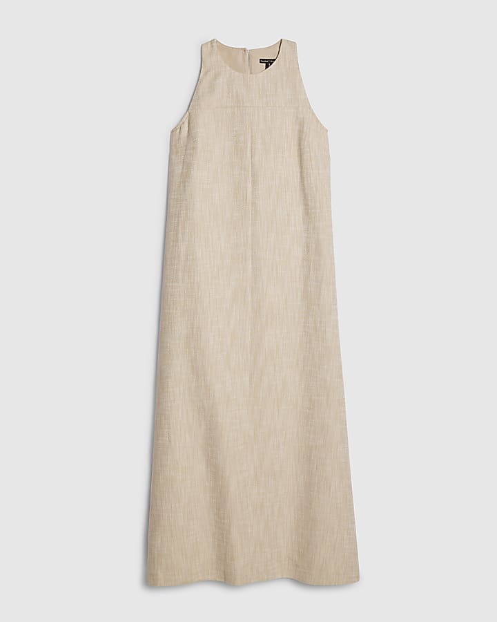 Beige Linen Look Midi Dress