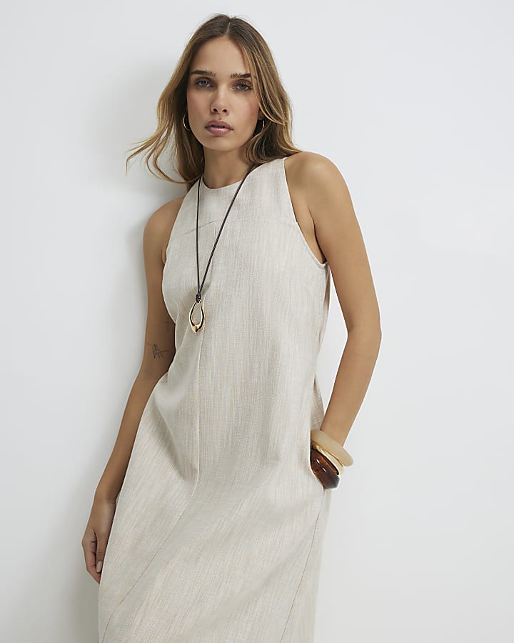 Beige Linen Look Midi Dress