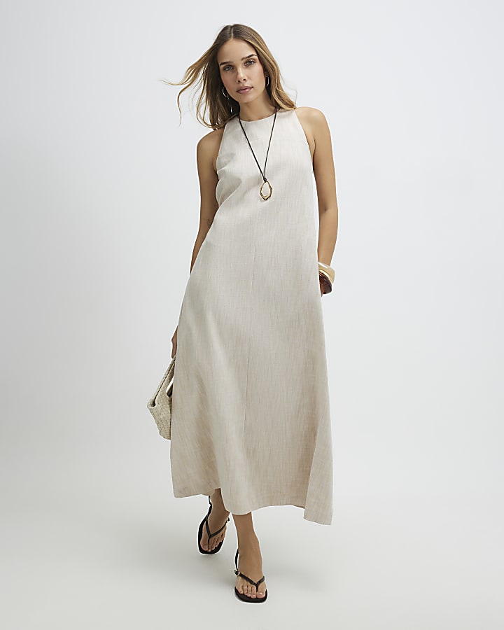 Beige Linen Look Midi Dress