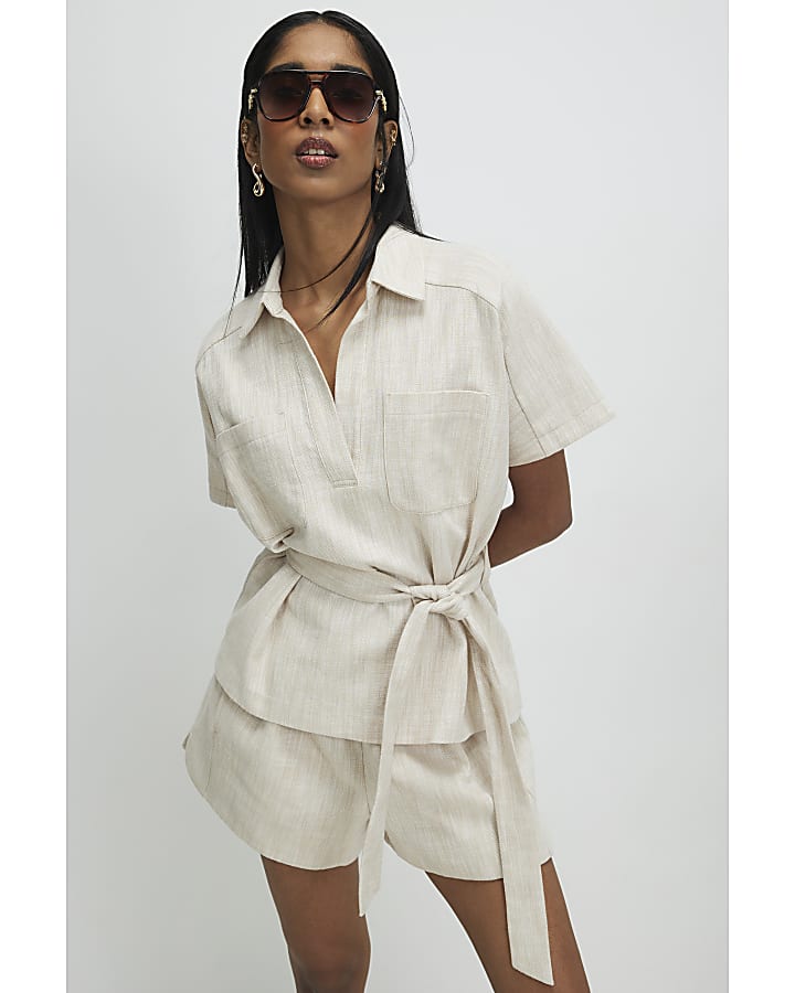 Beige Elasticated Waist Shorts