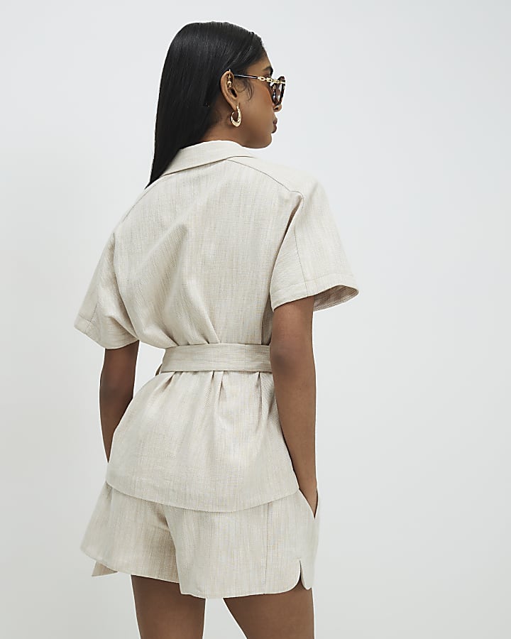 Cream Linen Look Collared Belted Top