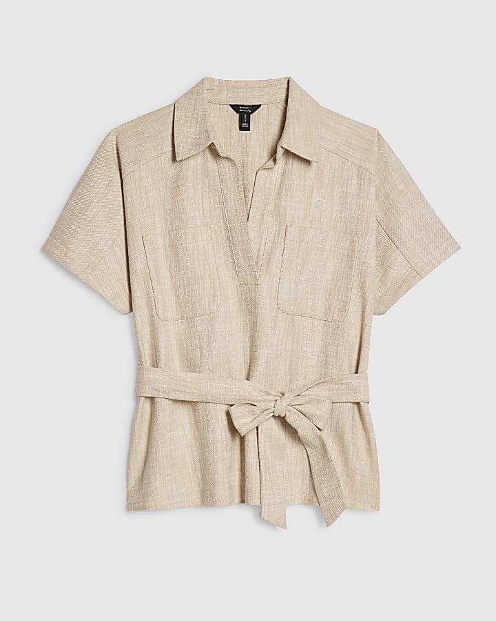 Cream Linen Look Collared Belted Top