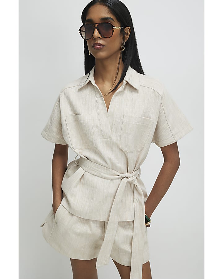 Cream Linen Look Collared Belted Top