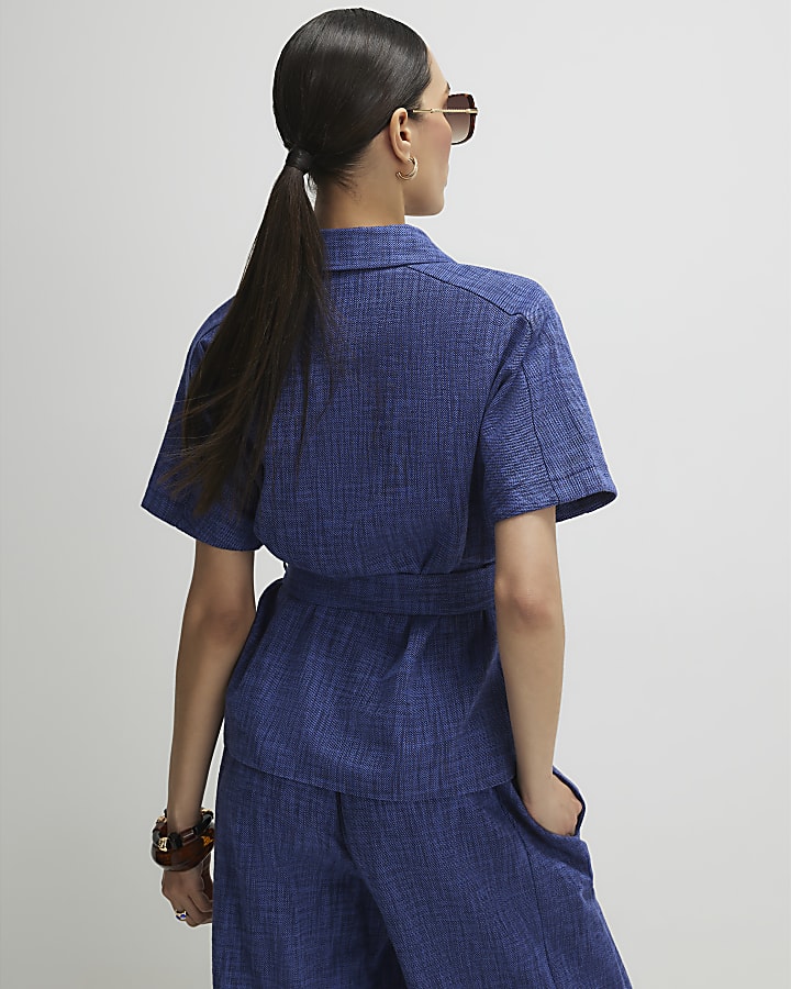 Navy Linen Look Collared Belted Top