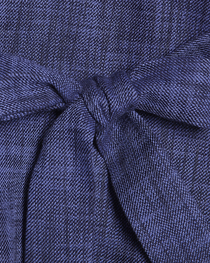 Navy Linen Look Collared Belted Top