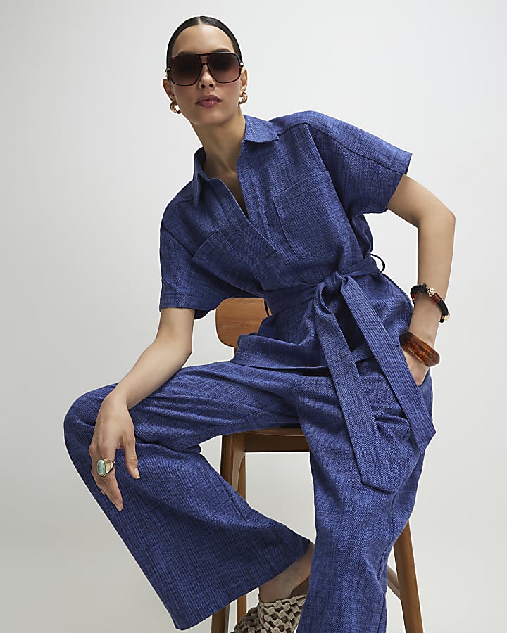 Navy Linen Look Collared Belted Top