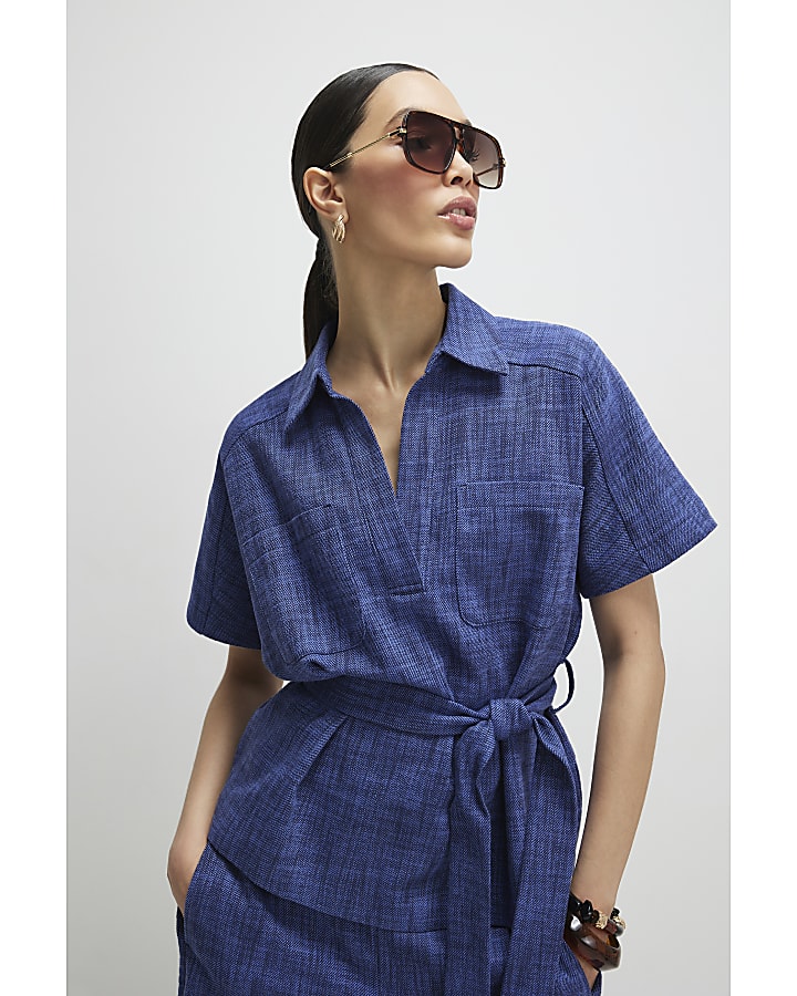 Navy Linen Look Collared Belted Top