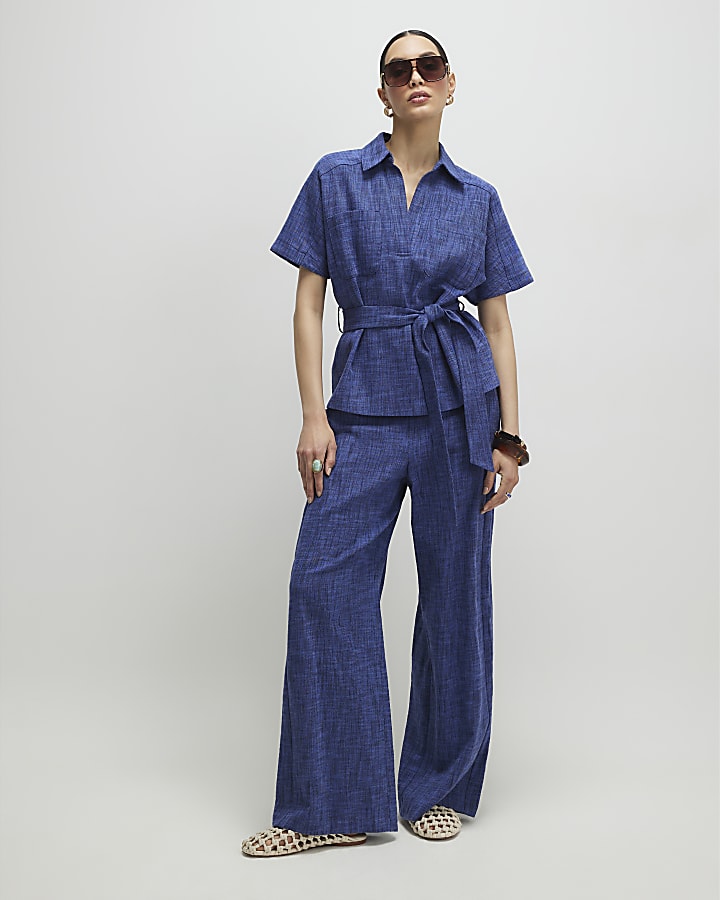 Navy Linen Look Collared Belted Top