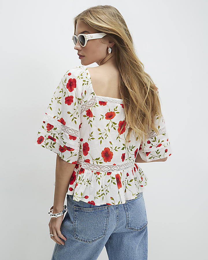 White Poppy Print Blouse
