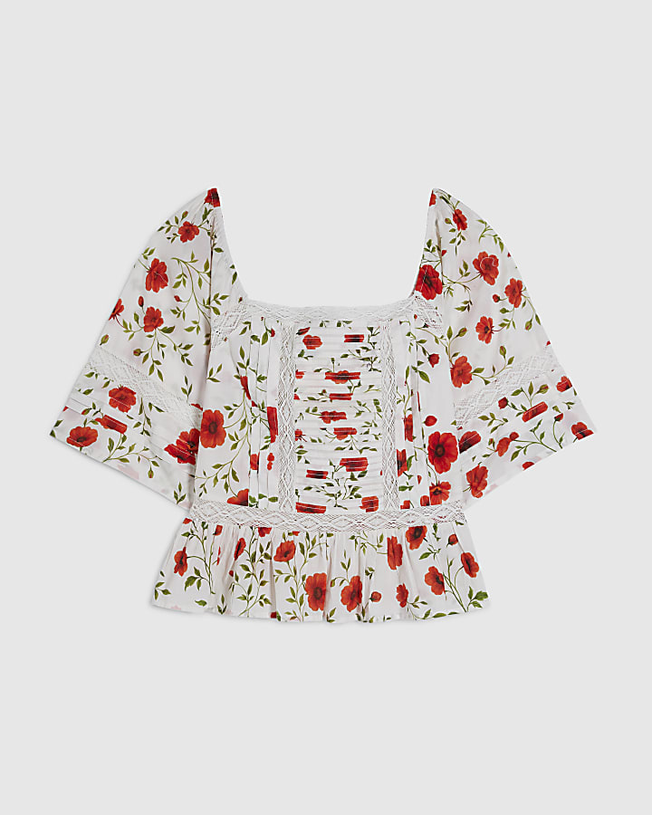 White Poppy Print Blouse