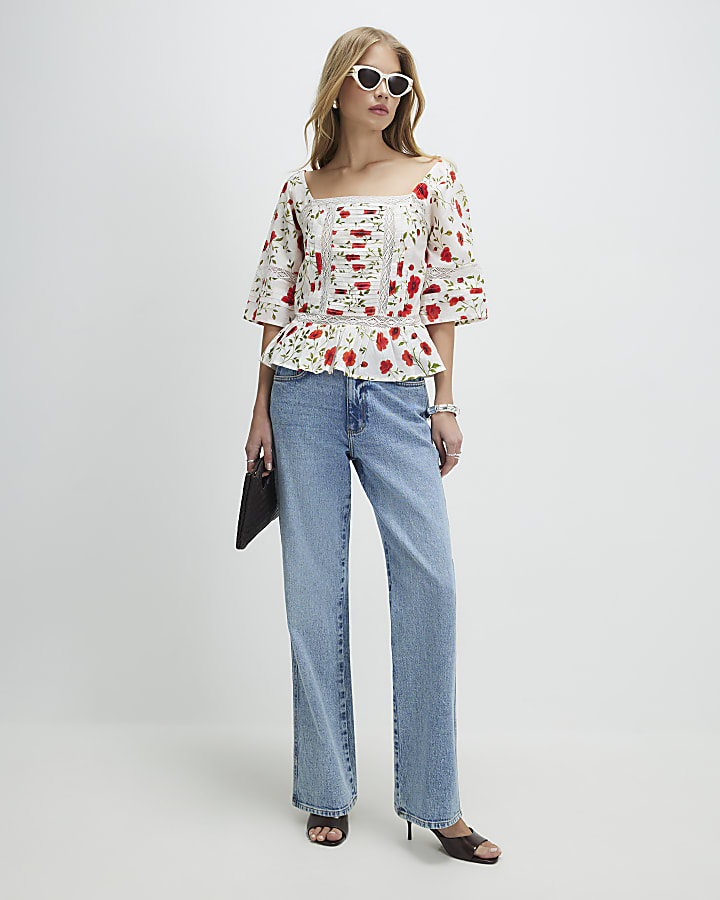 White Poppy Print Blouse