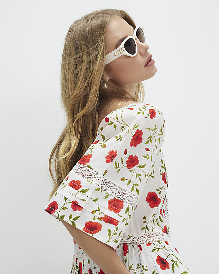 White Poppy Print Blouse