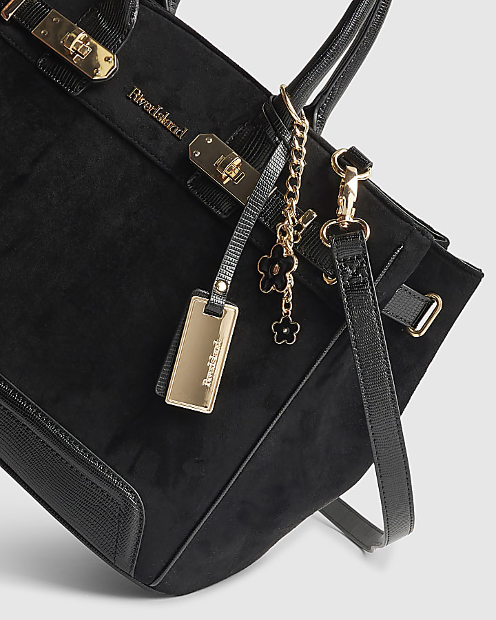 Black Faux Suede Soft Lock Front Tote Bag