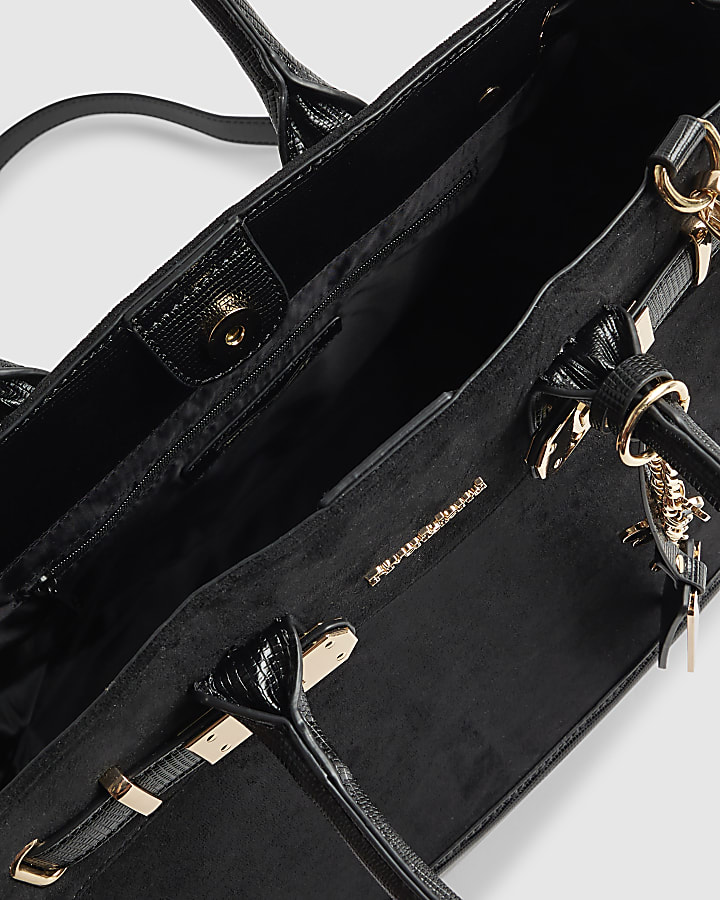 Black Faux Suede Soft Lock Front Tote Bag