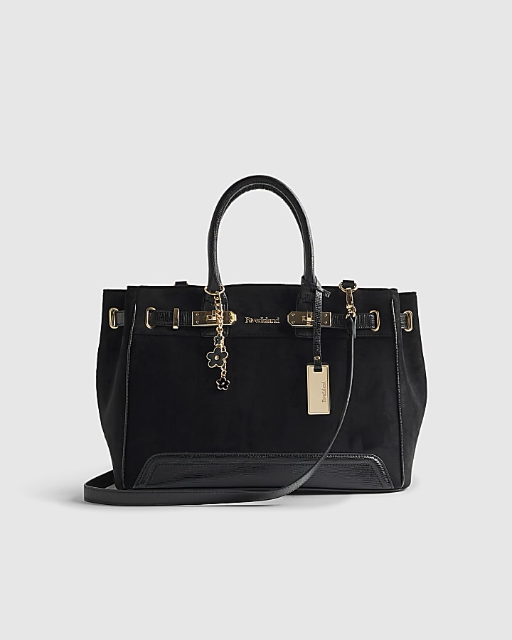 Black Faux Suede Soft Lock Front Tote Bag