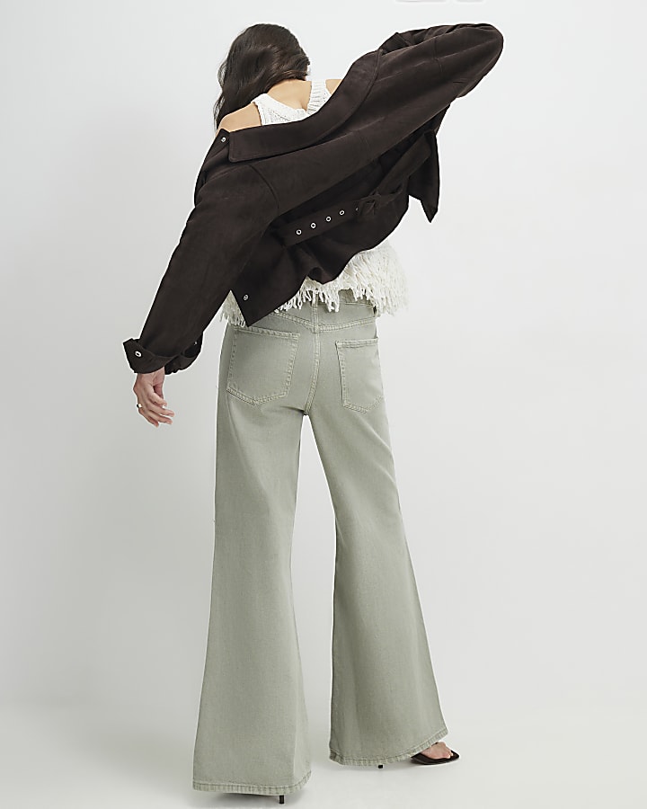 Green High Waisted Wide Flared Leg Jeans