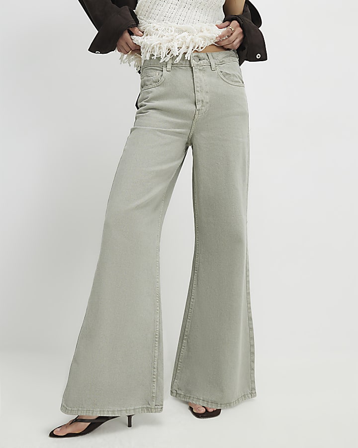 Green High Waisted Wide Flared Leg Jeans