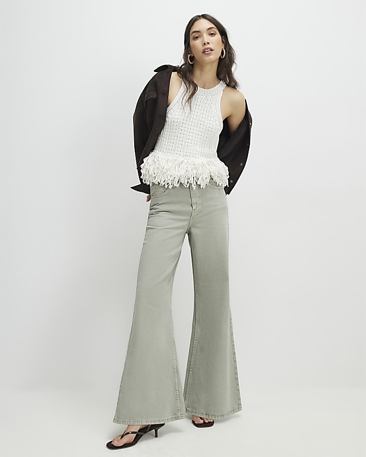 Green High Waisted Wide Flared Leg Jeans