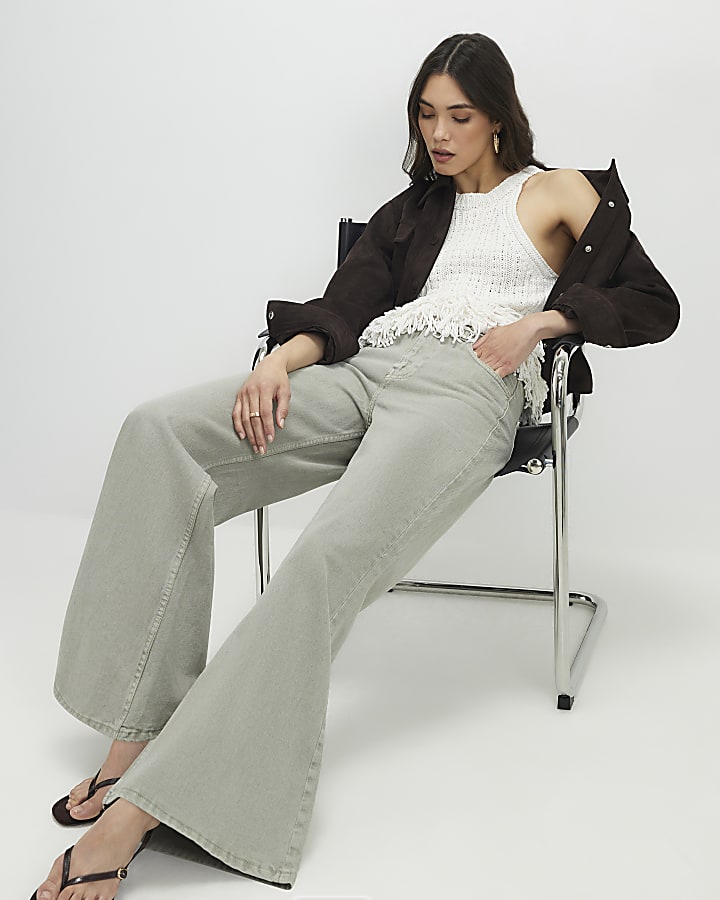 Green High Waisted Wide Flared Leg Jeans