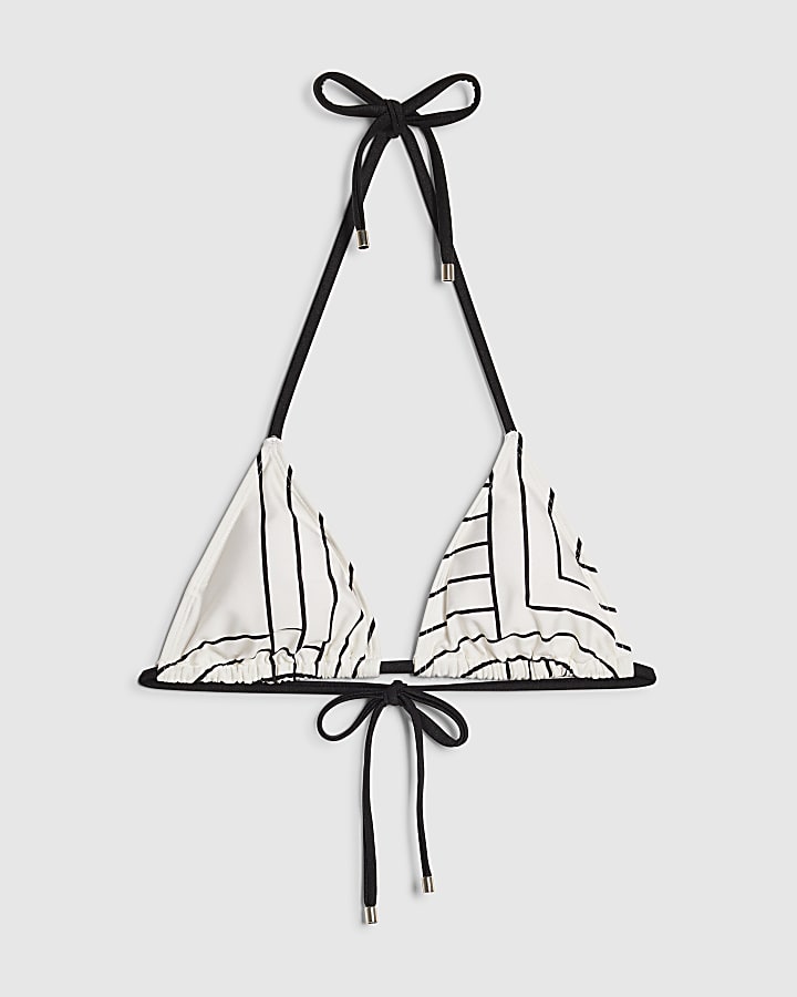 Cream Geometric Stripe Triangle Bikini Top