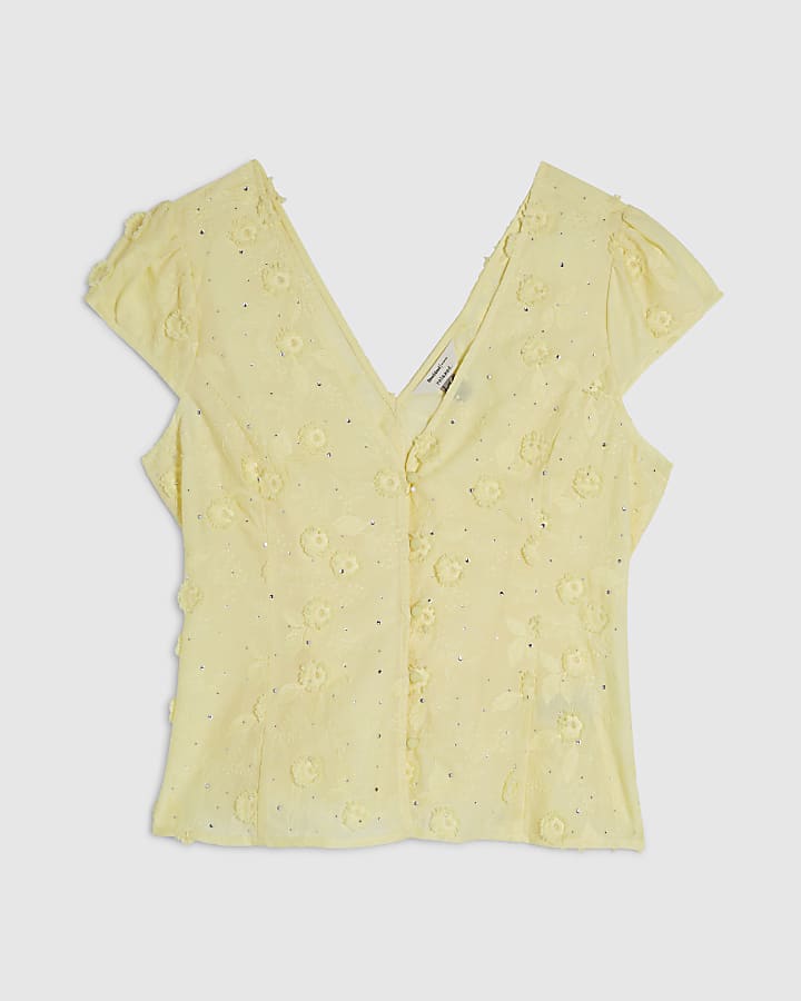 Yellow 3D Floral Embellished Blouse
