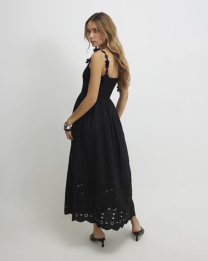 Black Poplin Broderie Tie Back Midi Dress