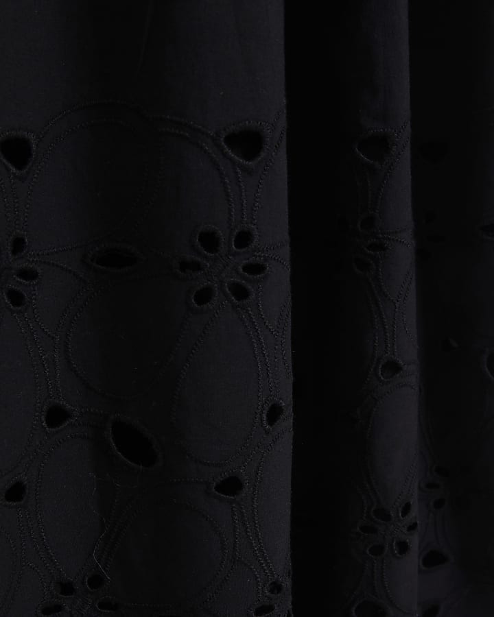 Black Poplin Broderie Tie Back Midi Dress