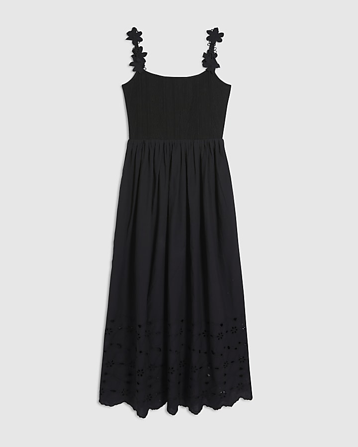 Black Poplin Broderie Tie Back Midi Dress