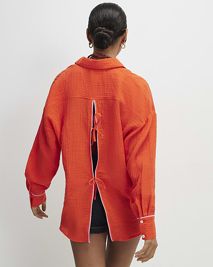 Orange Long Sleeve Tie Back Beach Shirt