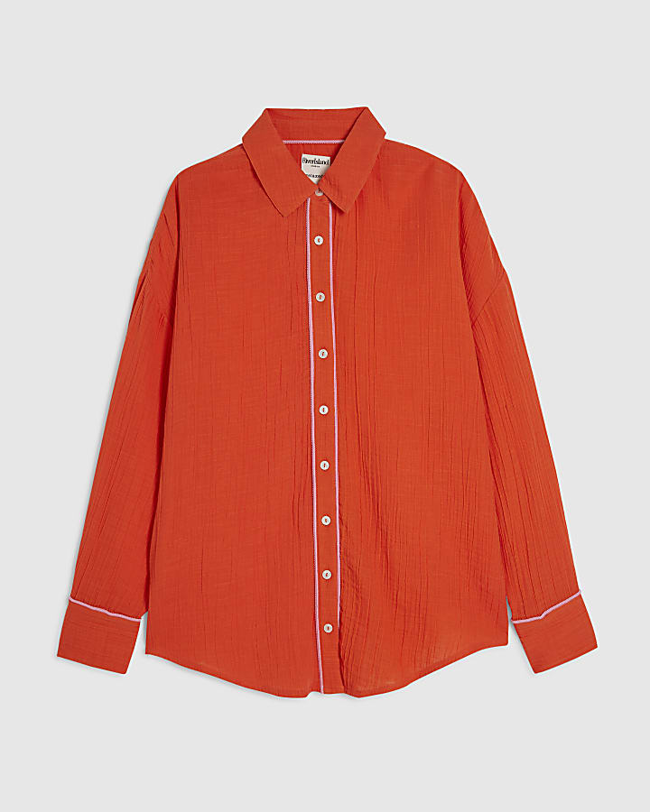 Orange Long Sleeve Tie Back Beach Shirt