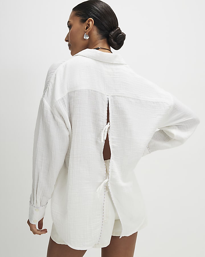 Cream Long Sleeve Tie Back Beach Shirt