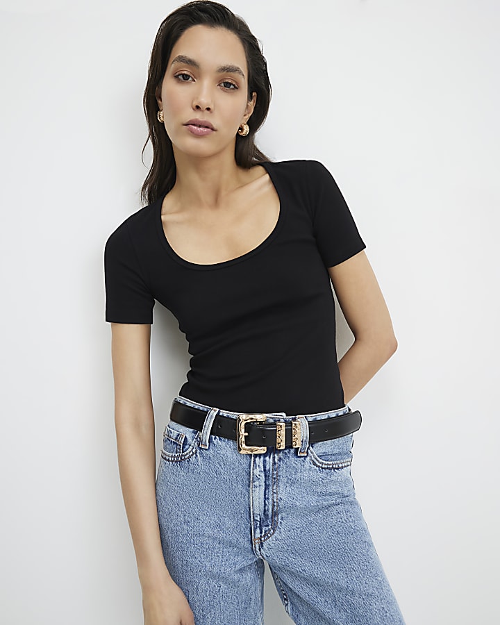 Black Short Sleeve Scoop Neck Top