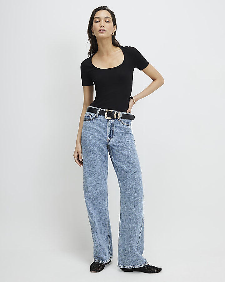 Black Short Sleeve Scoop Neck Top