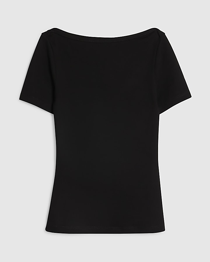Black Short Sleeve Cotton Boat Neck Top