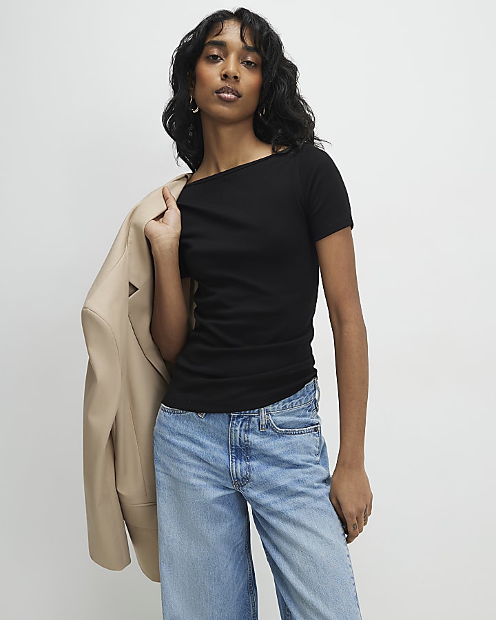 Black Short Sleeve Cotton Boat Neck Top